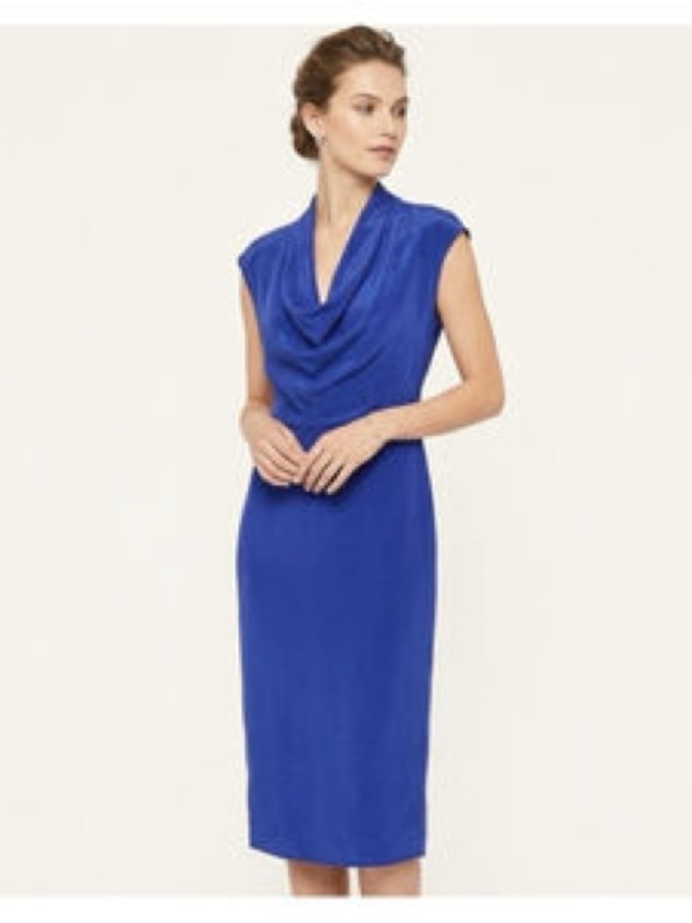 Ted Baker London Pacific Blue 100% Silk Cowl Neck Sheath Midi Dress
